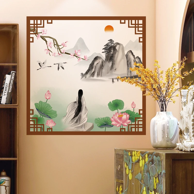 

Chinese Style Landscape Wall Stickers Vintage Posters Bedroom Furniture Living Room Background Wall Decoration Lotus Decal Vinyl