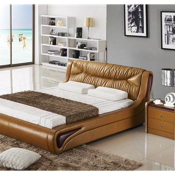 

Geunine leather King size bed and sofa solid wood furniture multi-functional bedroom set