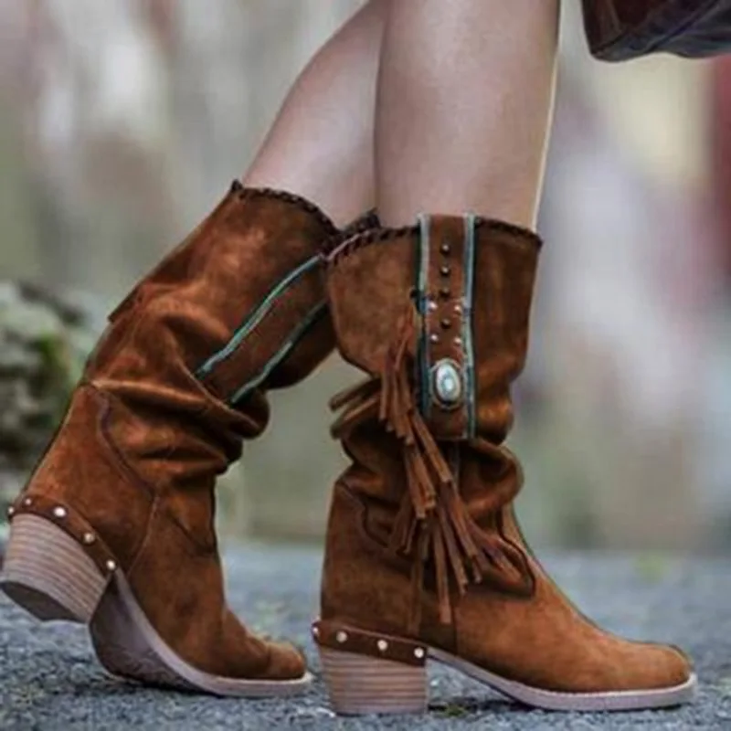 Женские стильные теплые ботинки на меху в стиле ретро на среднем каблуке в этническом стиле замшевые ботинки на низком каблуке высокие ботинки с бахромой зимние вышитый ботинок