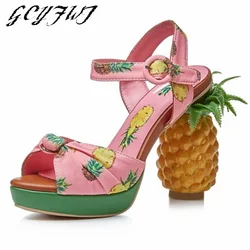Women Sandals Pineapple High-heel Buckle Strappy And Pink Print Open-toe Platform High-heeled Summer Women Shoes Sandalias Mujer