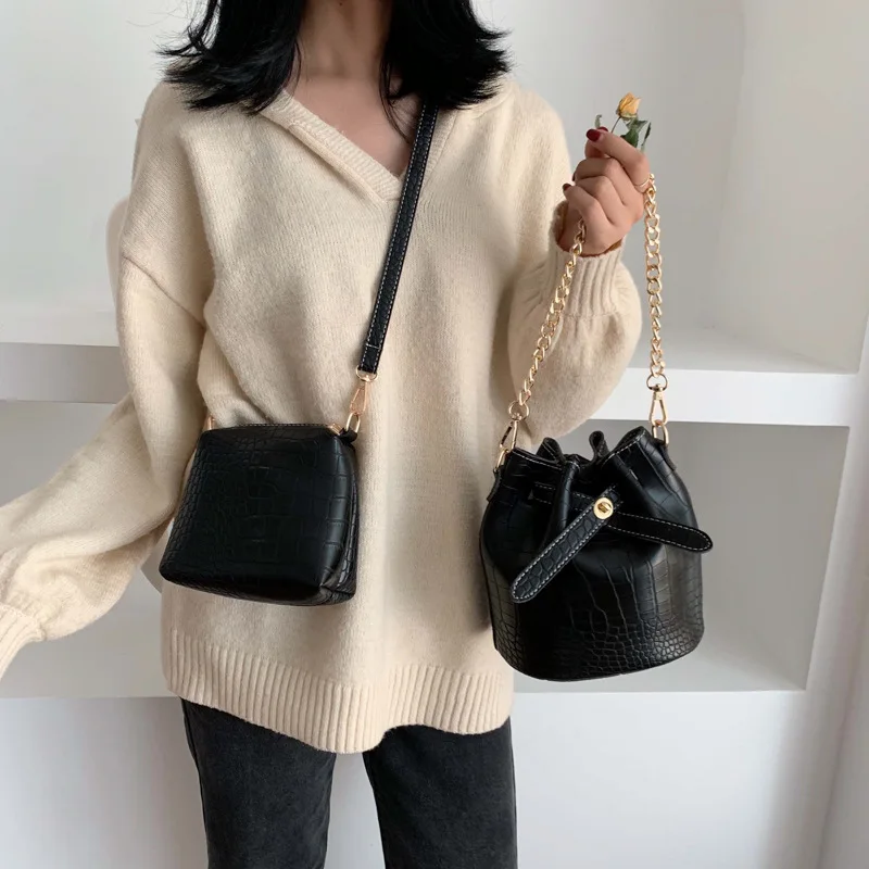 

New Arrival Bag Women's Vintage Crocodile Pattern Pull-belt Small Bucket Bag Mini Chain Shoulder Different Size Bags Bags
