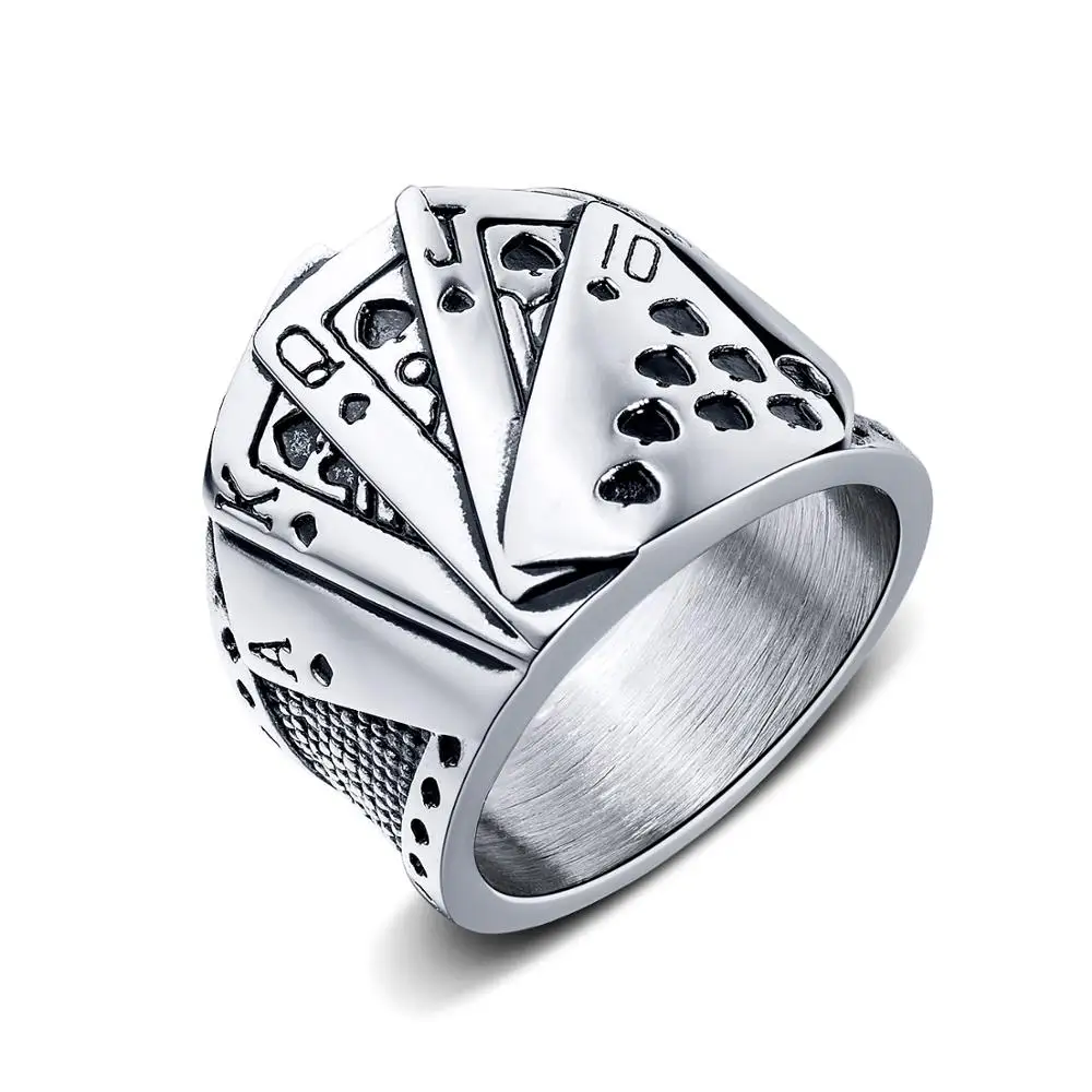

HT-4 Magician Playing Card Men's Titanium Steel Ring Retro Hip Hop Texas Poker even no Casting Ring