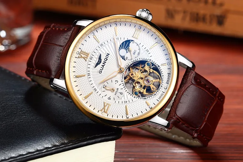 GUANQIN, мужские часы, Лидирующий бренд, роскошные Tourbillon, автоматические механические часы, мужские водонепроницаемые наручные часы с скелетом, Relogio Masculino