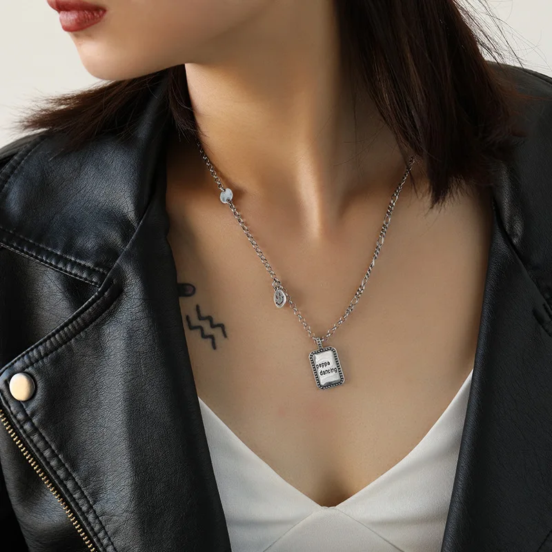 

retro "DANCING" 100% Authentic 925 Sterling silver Geometric square Tag &coin Necklace state pendant Gothic HIP HOP TLX719