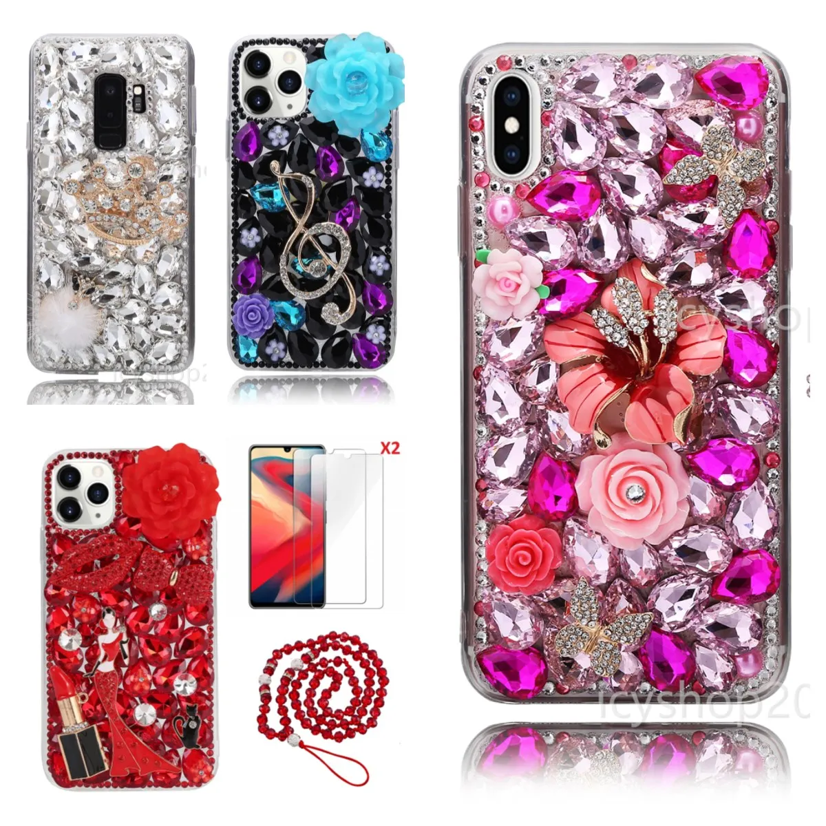 for OPPO F19 PRO PLUS Phone Case With 2PCS Screen Protector And Strap Girly Diamonds Sparkly Crystals Soft Cover Women | Мобильные