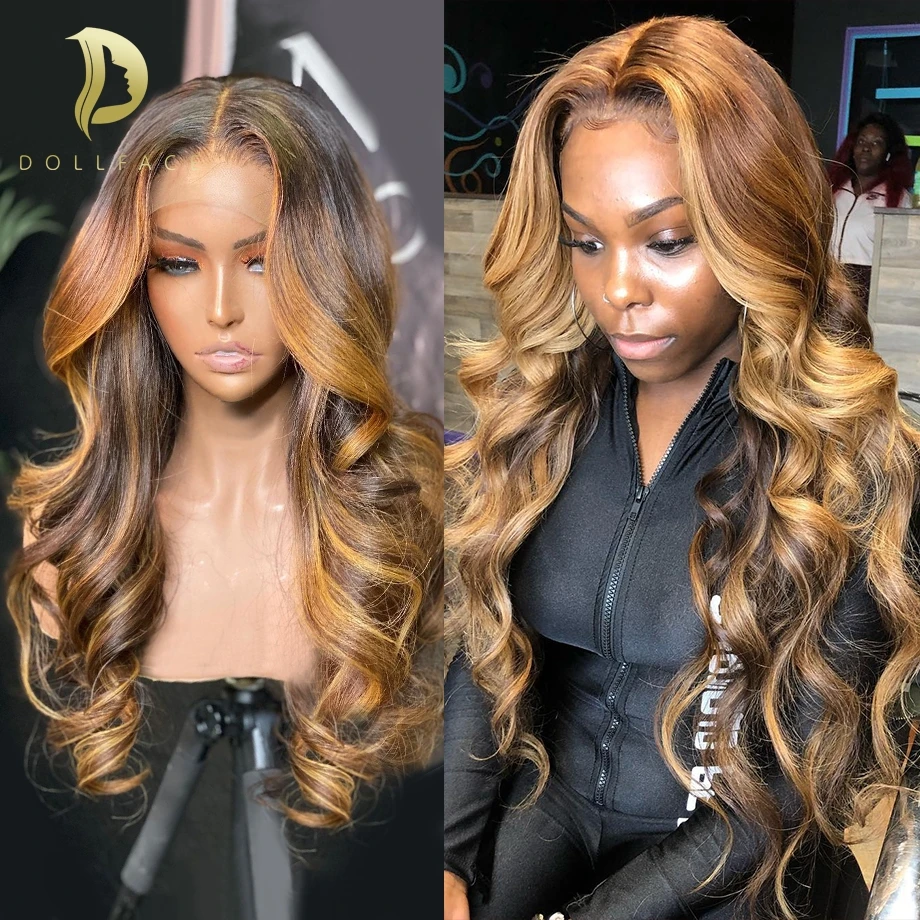 Highlight Wig Human Hair body wave lace front Brazilian Colored Wigs For Black Women T Part Lace 28 30 Inch 613 Honey Blonde | Шиньоны и