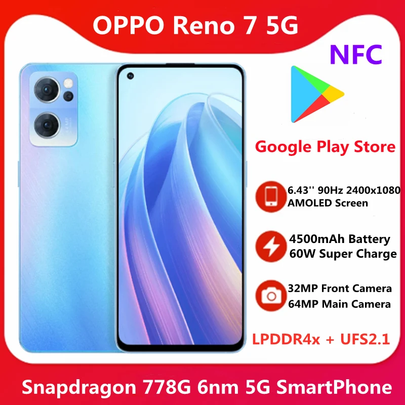 OPPO Reno 7 5G Smart Phone Color OS 12 Android 11 6.43'' 90Hz AMOLED Screen NFC Snapdragon 778G 60W Super Charge 4500mAh Battery 2