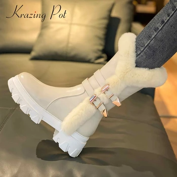 

krazing pot snow boots genuine leather buckle decorations rabbit fur round toe thick high heel zipper fashion mid-calf boots L35