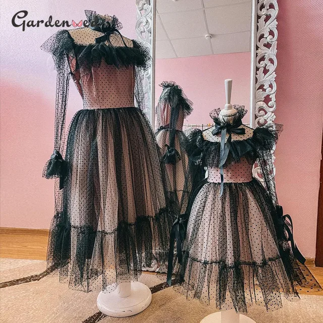 Polka-dot Tulle Flower Girl Dresses Illusion Long Sleeves Girl Wedding Party Dress Ribbons Communion Dress Birthday New Year Black Mother daught