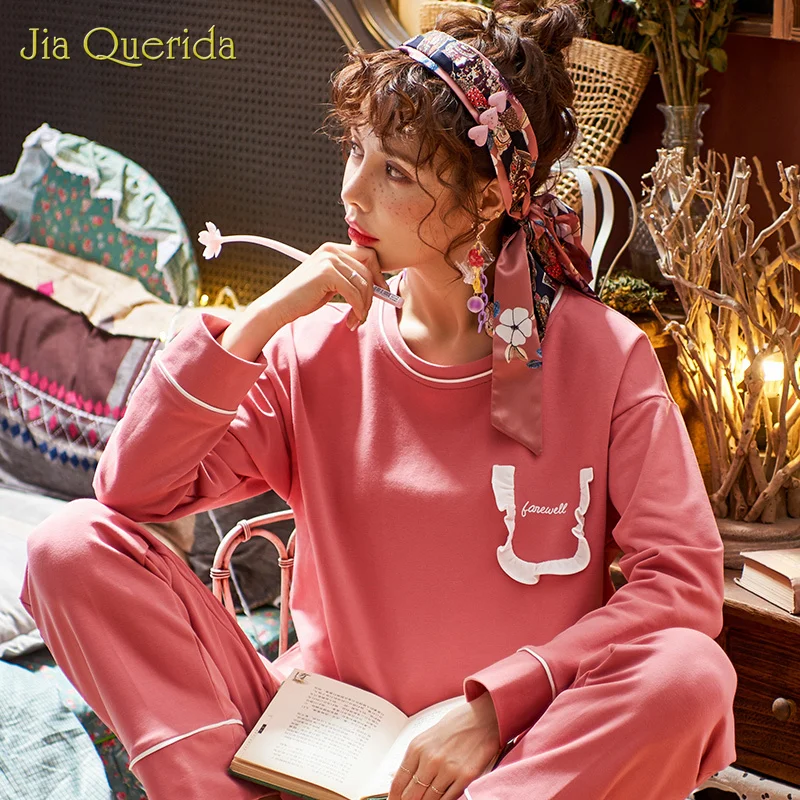 2020 Spring Letter Embroidery Top Long Pants Plus Size Pajamas Sleepwear Young Girl 2 Pieces  Round Neck Cotton Women Pajama