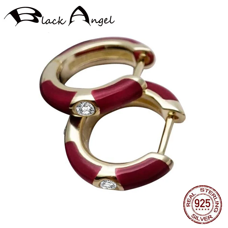 

Genuine 925 Silver Hoop Earrings For Women Men Round Circle Red Blue Enamel Clear CZ 925 Sterling Silver Fine Jewelry
