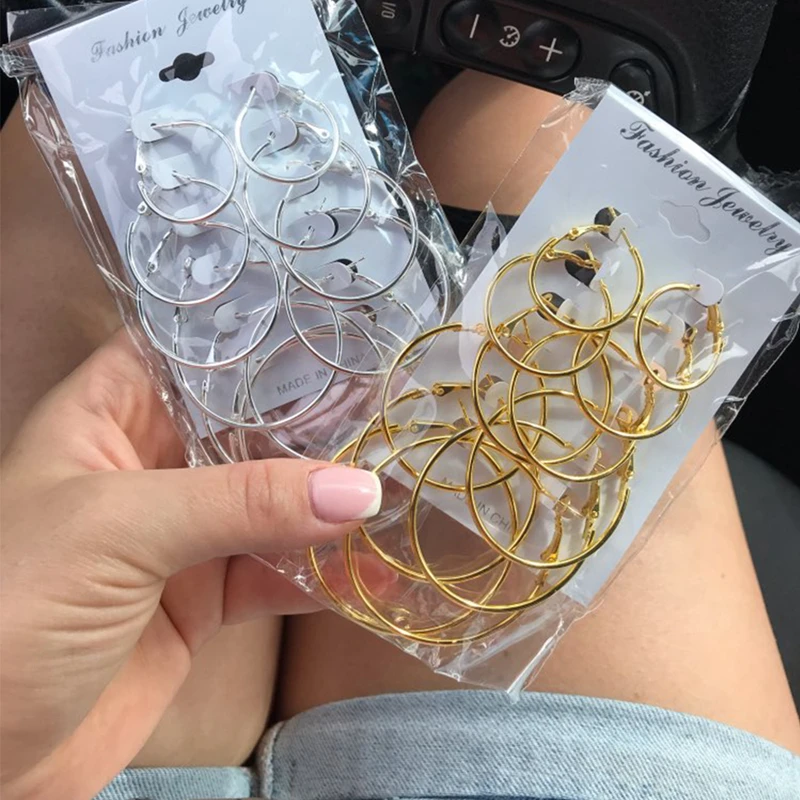 6 Pcs/set Gold Silver Color Ring Aros Hoops Earrings Set Girls Big Medium Small Circle Ear Clip Drop Earring for Women Jewelry