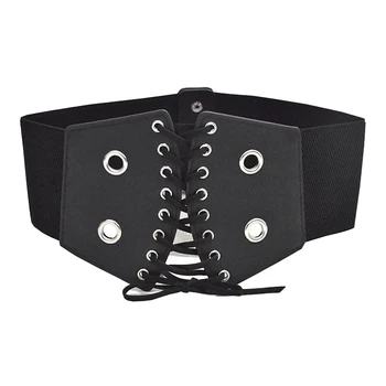 

Fashion Black Elastic Wide Belt Cummerbunds Personality Girdle Lace Up Waistband Comfortable Ribbon Band Slim Punk Rivet Belts