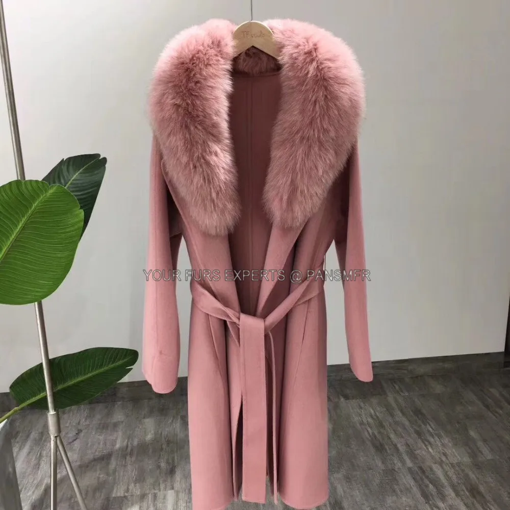 Korea style female x-long loose wool trench coat with real fox fur collar soft double-side wool outwear with belt for women