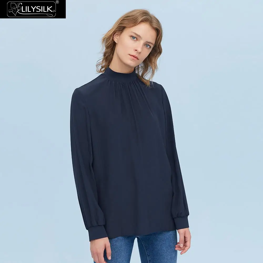 Navy Blue LilySilk Блузка шелковая водолазка элегантная женская - Цвет: Navy Blue