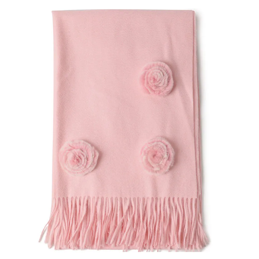 Pink Кавме роскошный шарф из кашемира пашмины кролик меховой цветок дамы модный длинный шарф розовый серый обертывания шаль 200*65 см 300 г - Цвет: Pink