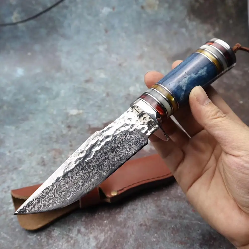 Тактический нож из дамасской стали охотничий с синим hilt и прямым краем для