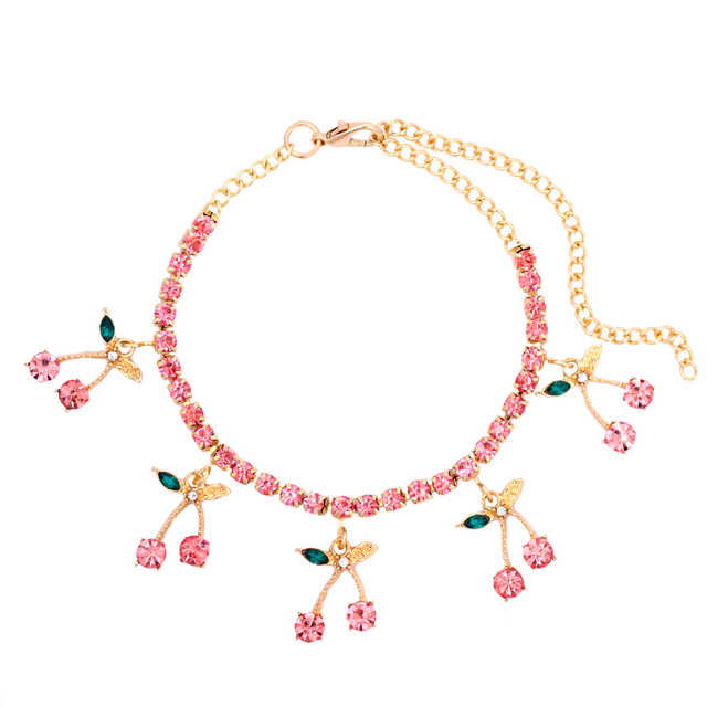 Red Big Rhinestone Cherry Anklet Bracelet For Women Bling Bling Crystal Fruit Tennis Ankle Chain Punk Party Jewelry Gifts