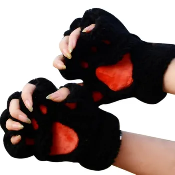 

Women's Fingerless Gloves Plush Fluffy Bearr Claw Cat Animal Paw Soft Warm Half Finger Covered Mittens