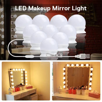 

Makeup Mirror Vanity LED Light 10 pcs Bulbs Kit 10 Levels Brightness Adjustable lights USB Charging Port for Dressing Table