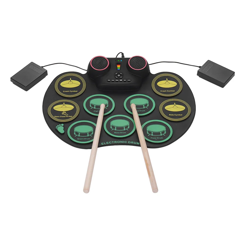

Percussion Instrument Roll Up Silicone Drum Kit Electronic Drum Set Practice 10 Drumpads Built- in Double Speakers