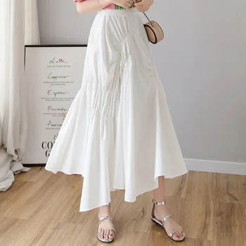 

Women Elastic High Waist Ladies Elegant Skirts Spring Summer Skirts Womens High Street Fashion Irregular Ruched Midi Long Skirt
