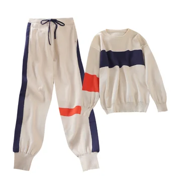 

Casual Sports Suit for Women 2020 New Spring Autumn Fashion Long Sleeve Jumper Sweater + Loose Knitted Pants Two Piece Set