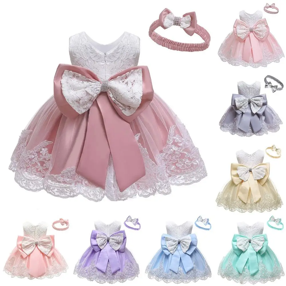 Вечернее платье для маленьких девочек кружевное платье принцессы с бантом на свадьбу, день рождения, торжественное платье-пачка+ повязка на голову, комплект одежды, новинка года