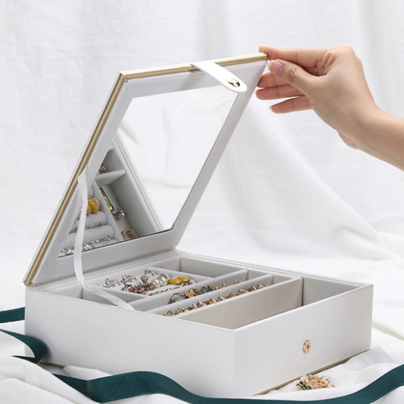 

Large Square Jewelry Box Vintage Deer Pattern Bedroom Desktop Finishing Display Organizer Portable Double Layer Storage Boxes