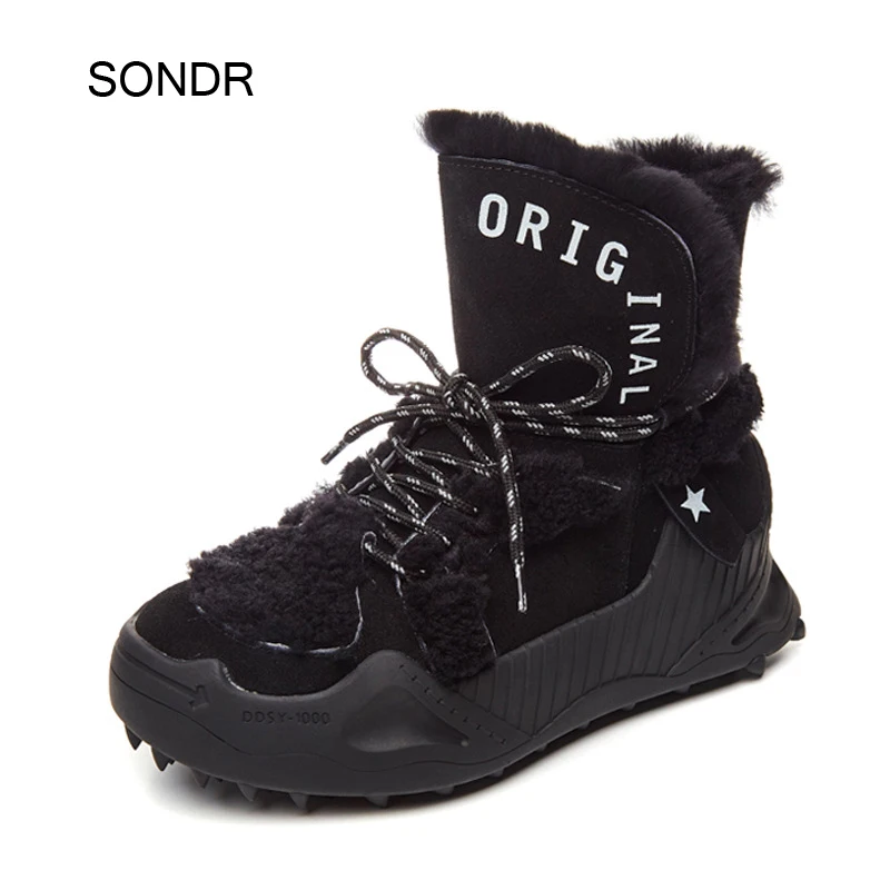 

2019 Winter New Warm Real Leather Shoes Women Platform Martin Boots Plush Female White botas mujer with Fur Ladies Ankle Boots