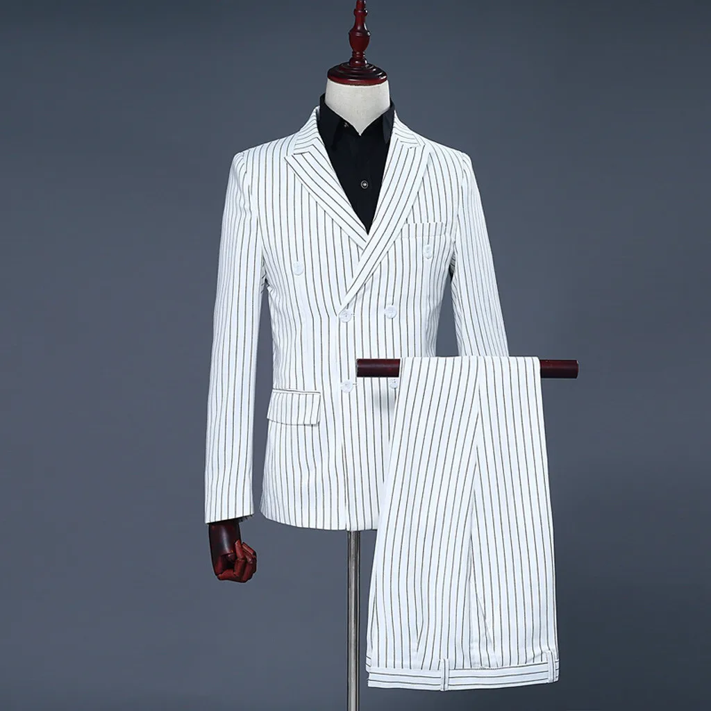 Мужские костюмы в полоску, модный белый костюм, homme terno masculino, комплект из двух предметов, платье, блейзер, куртка и штаны, d90726