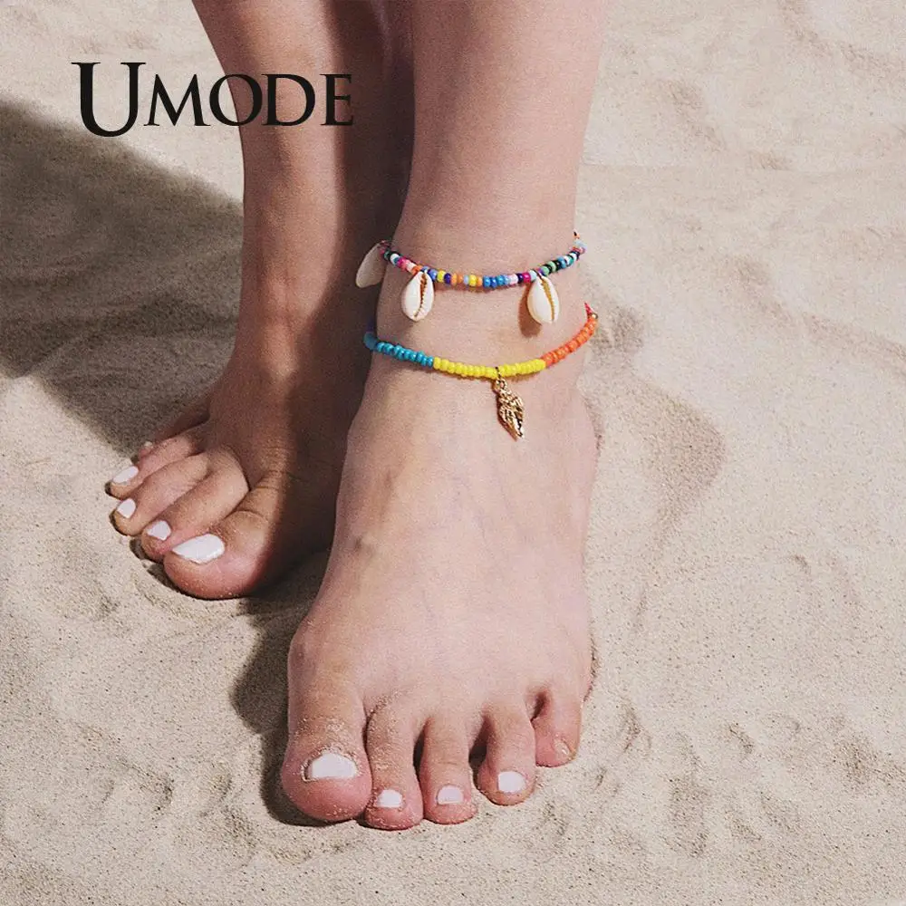 UMODE 2 шт. богемные цветные бусины ножной браслет для женщин Аксессуары Boho Shell браслет на лодыжке индийская бижутерия для ног PA0049