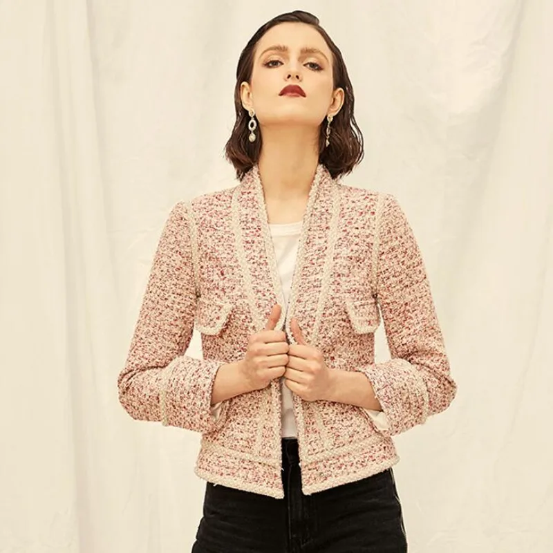 

Tweed Jacket Coat Women Elegant Runway Wool Blazer Elegant Pearl Designer Slim Luxury Brand Pink Woolen Autumn Winter Ladies Top