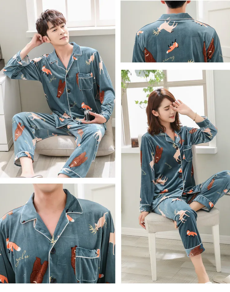 Autumn and Winter Newest Gold Velvet Pajamas Women's Couples Long-sleeved Suit Men and Women Cardigan Casual Home Clothes