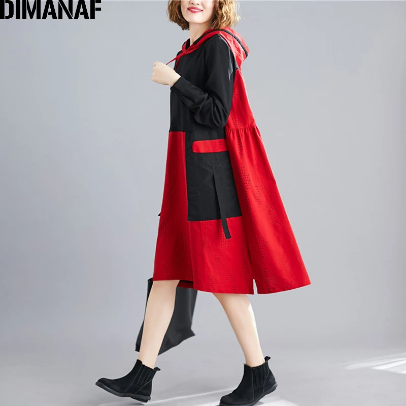 Cena DIMANAF jesień sukienka damska plus size z długim rękawem bawełny z kapturem Lady Vestidos luźne odzież damska w stylu casual, plisowana łączona sukienka