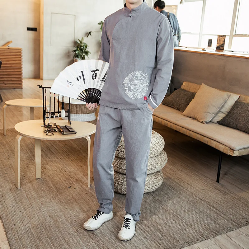 

2019 Nation Clothing Chinese-style Spring Embroidered Cotton Linen Set Men's Large Size Retro Fashion Men Two-Piece Set