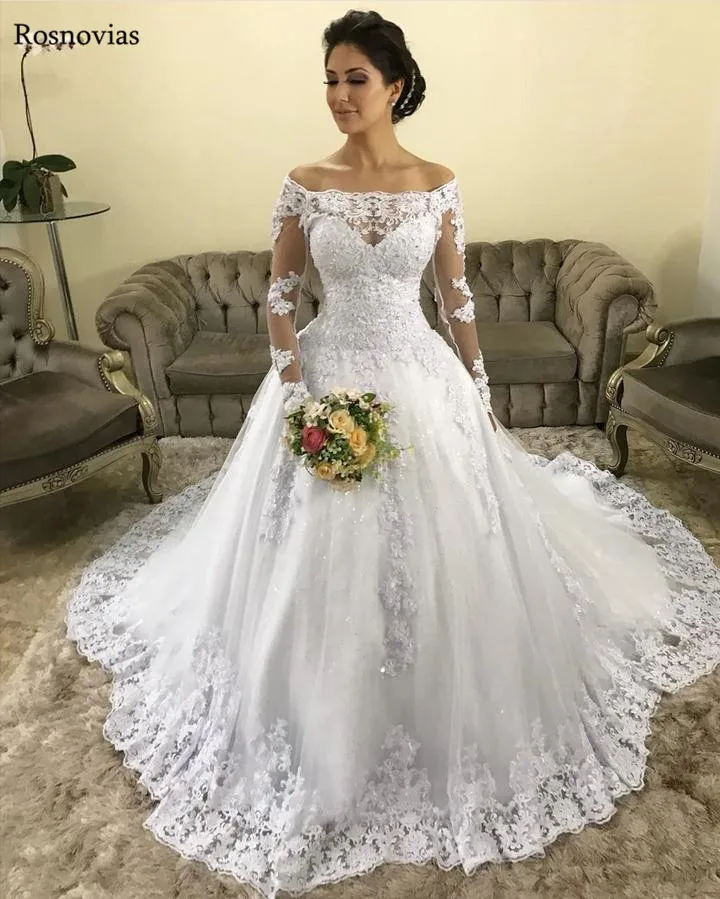 

White Wedding Dresses 2020 Long Sleeves Off Shoulder Appliques Beading Plus Size Chapel elegant Bride Gowns Vestido De Novia