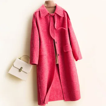 

High Quality Autumn Winter New Loose Long Houndstooth Wool Coat Women Overcoat Fashion Red Pink Double Sided Wool Jacket Female