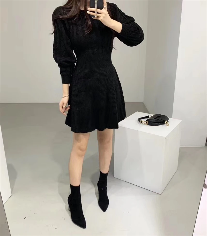 Fashion Autumn Winter Knitted Dress Women Twist Pattern Pleated Dress Elegant Solid Lantern Sleeve Tunic Sweater Dress Vestidos