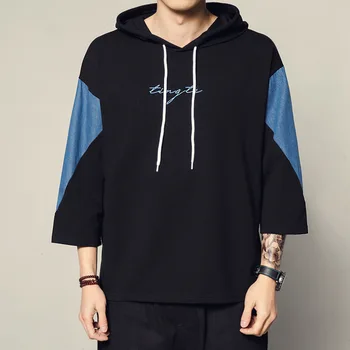 

Spring and summer new retro original youth t shirt Seven-point sleeve large size hooded men's t-shirt thin section X035