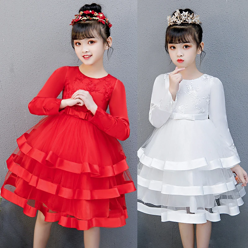 Бальное платье с длинными рукавами для девочек, весна-осень, с вышивкой, красные, белые Многослойные фатиновые платья, эксклюзивное торжественное платье, Vestidos, для детей от 3 до 12 лет