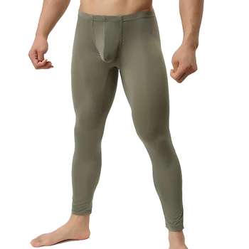 

Men's Pajama Trousers Brand Man Ice Silk Sheer Ninth Sleep Bottoms Gay Mesh See through Pouch Leggings/Lounge Pants