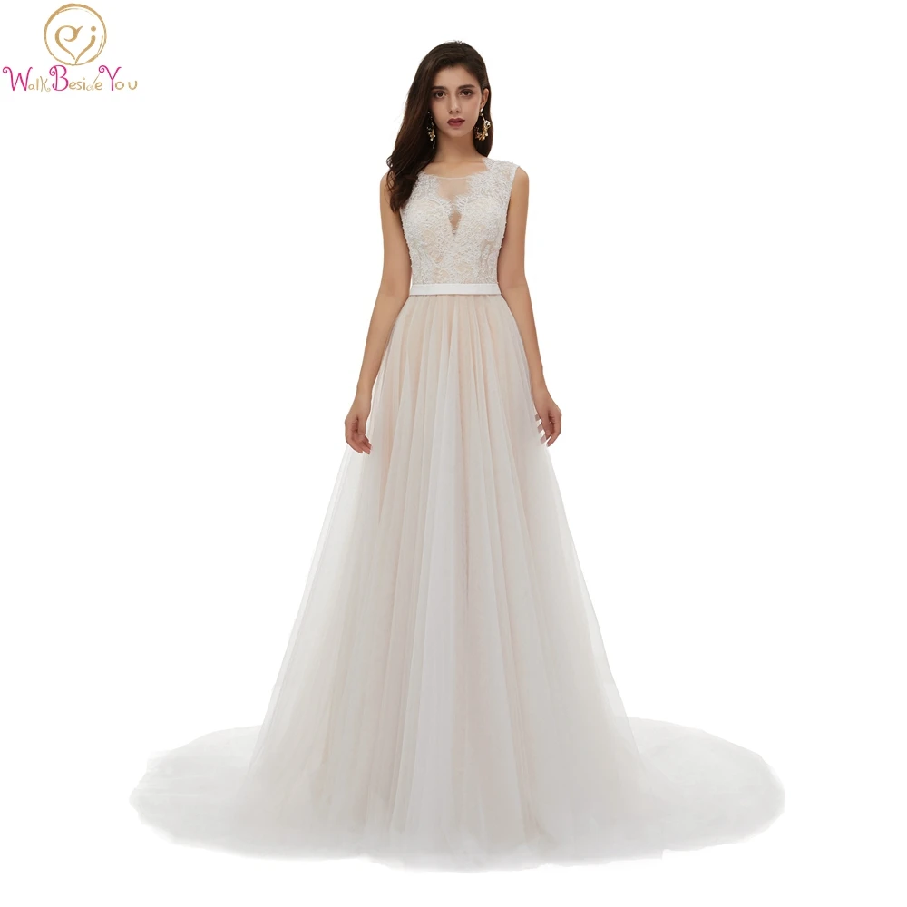 

Boho Champagne A Line Wedding Dresses 2019 Scoop Neck Sleeveless Lace With Pearls Bridal Gowns Illusion Long Vestidos De Noiva