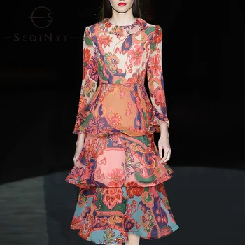 

SEQINYY Chiffon Dress 2020 Summer Spring New Fashion Design Women Retro Flower Print Ruffles Runway Midi Dress