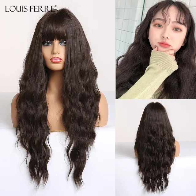 LOUIS FERRE Highlight Colored Wig for Women Long Wave Brown Blonde Ombre Bob Hair Wig with Bangs Daily Heat Resistant Fibre wig lc222-2