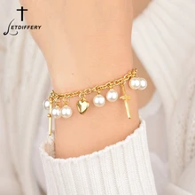 Letdiffery романтическое любящее сердце крест из нержавеющей стали свадебные браслеты кисточкой Имитация жемчуга женский браслет обручальные ювелирные изделия