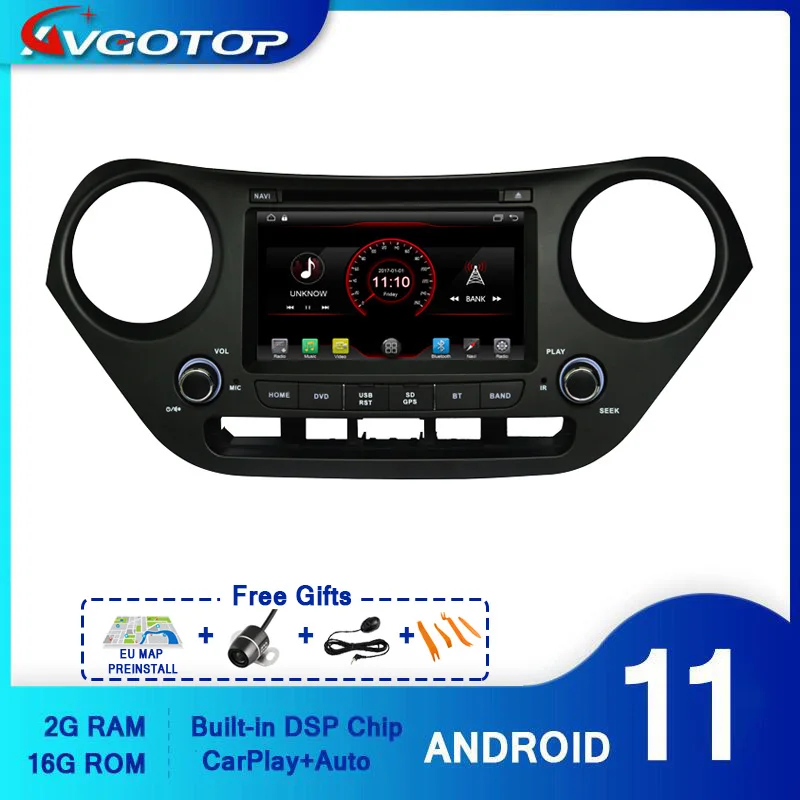 Автомагнитола AVGOTOP Android 11 WINCE Bluetooth GPS DVD-плеер для HYUNDAI I10 2016 2 ГБ 16 MP3 MP4 автомобильный