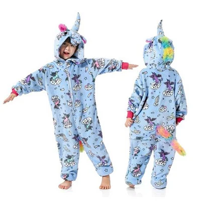 Onesie/Детская Пижама кигуруми с единорогом; зимняя Пижама с пандой; Пижама с единорогом для мальчиков и девочек; Фланелевая пижама с животными для костюмированной вечеринки; одежда для сна с капюшоном - Цвет: Blue Horse Zipper