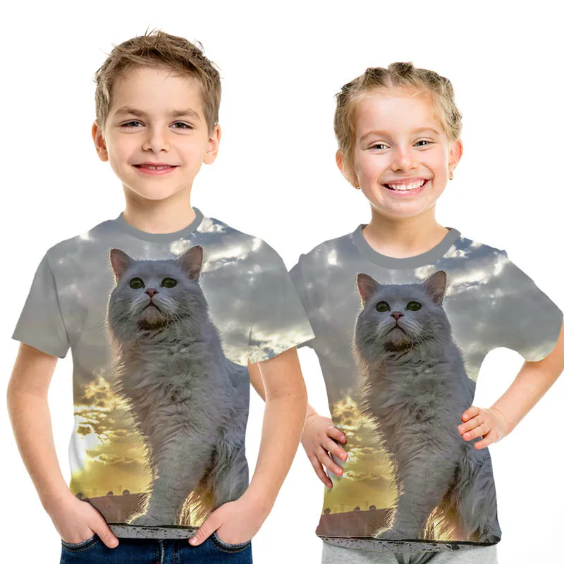 picture color Футболки для девочек и мальчиков, футболка с 3d принтом, Детская футболка с рисунком кота для девочек, летняя подростковая одежда для девочек 3, 4, 5, 6, 8, 10, 12, 13, 14 лет - Цвет: picture color