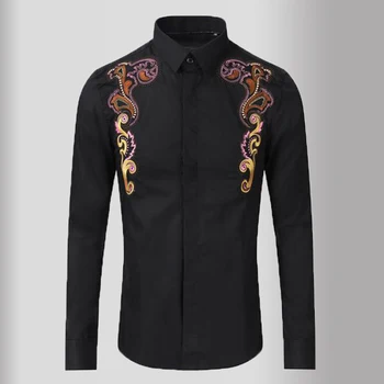 

New Black Mens Shirts High Quality Flower Embroidery Long Sleeve Casual Mens Dress Shirts Slim Fit Party Male Shirts 3XL